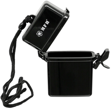Preview: Wasserdichte Geocache Box schwarz mit Band – Cachebehälter Small