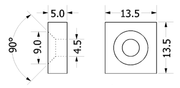 Quadermagnet 13,5 x 13,5 x 5 mm, gebohrt, N-Pol