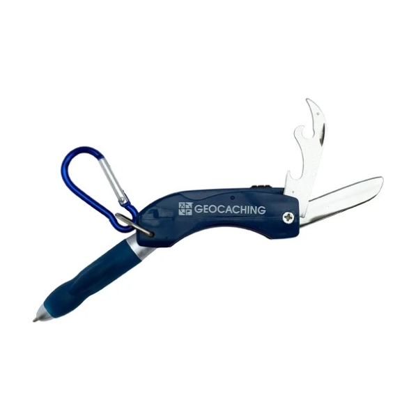 Geocaching Multi-Tool mit Karabiner – Stift, LED & Messer