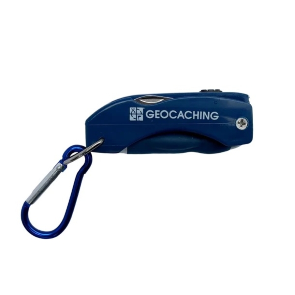 Geocaching Multi-Tool mit Karabiner – Stift, LED & Messer