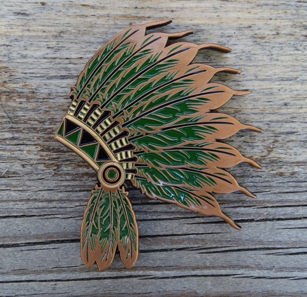 Indian Headdress Geocoin - Antik Kupfer / Grün